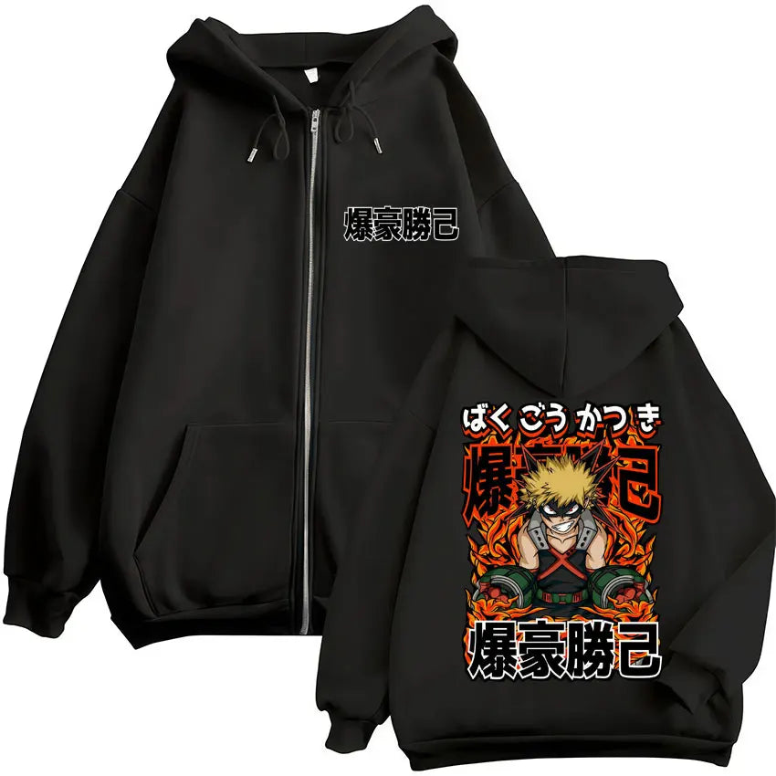 Black zip up hoodie featuring vibrant izuku midoriya graphic with fiery accents in vintage sweatshirt men style