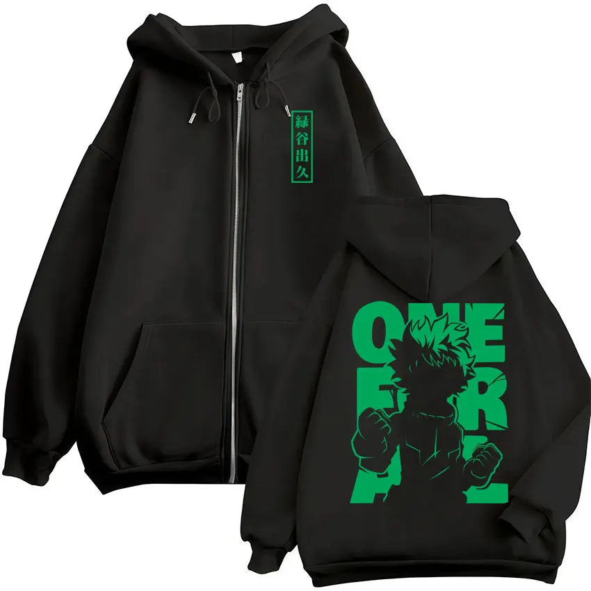 Black fleece hero academia zip hoodie with green izuku midoriya graphic and one for all lettering for vintage sweatshirt men