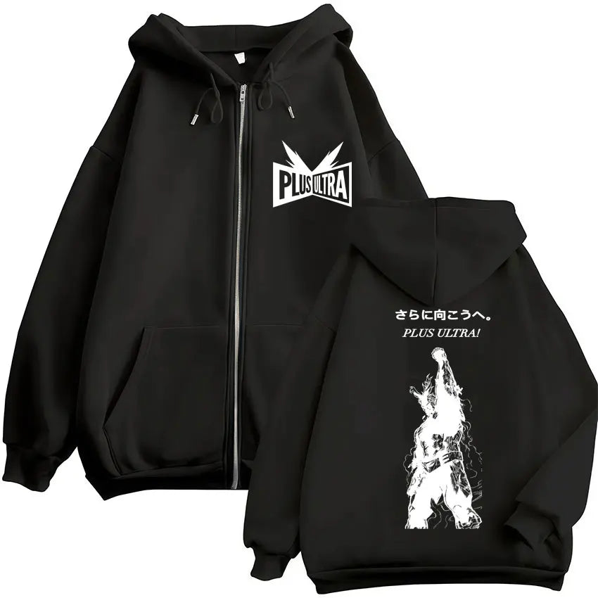 Black hero academia zip hoodie with white plus ultra logo and character graphic in vintage sweatshirt men style