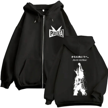 Black hero academia zip hoodie with white plus ultra logo and character graphic in vintage sweatshirt men style