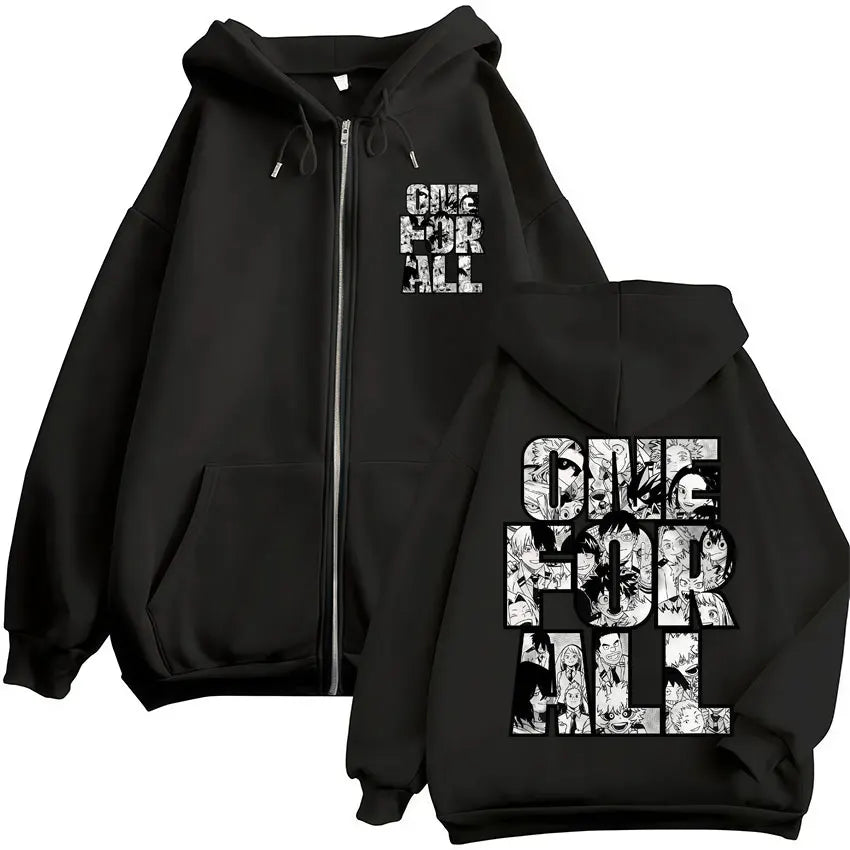 Black zip up hoodie featuring bold one for all graphic with anime illustrations for hoodies harajuku fashion