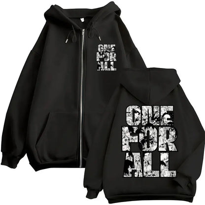 Black zip up hoodie featuring bold one for all graphic with anime illustrations for hoodies harajuku fashion