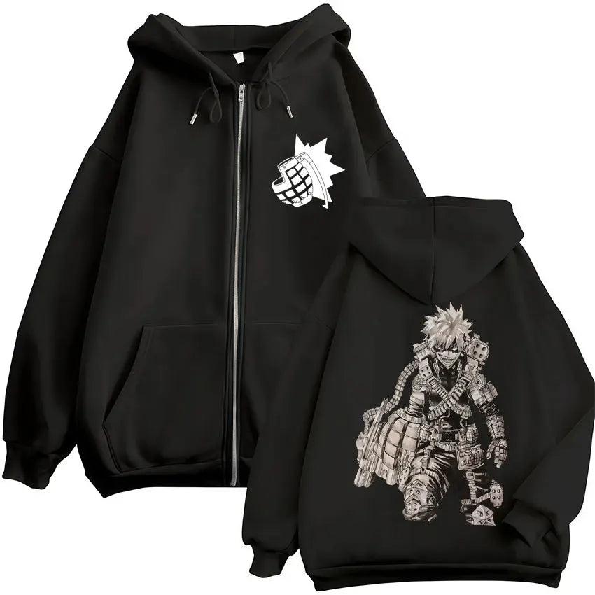 Black zip-up hero academia zip hoodie with white bakugo line-art on back and grenade emblem on chest for hoodies harajuku fashion vintage sweatshirt men