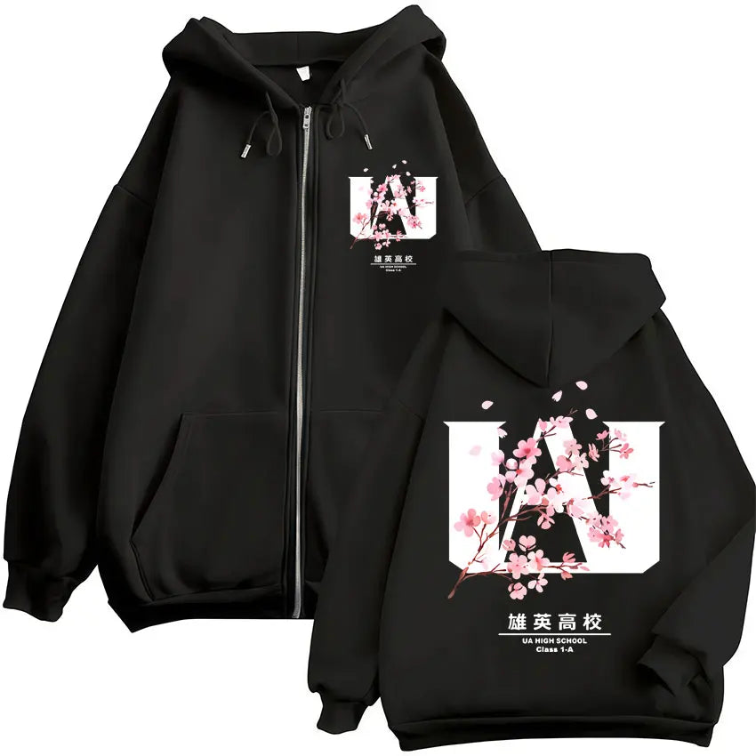 Black fleece zip-up hoodie with large white ua logo and pink cherry blossoms on back for hero academia zip and hoodies harajuku fashion