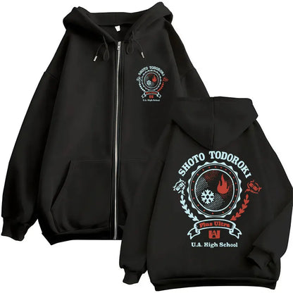 Black hero academia zip hoodie with shoto todoroki graphic red and white accents vintage sweatshirt men harajuku fashion