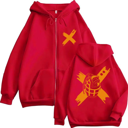 Red fleece hero academia zip hoodie with bold yellow crossed grenades graphic for hoodies harajuku fashion and vintage sweatshirt men