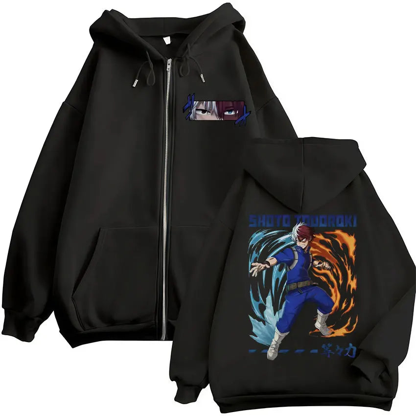 Black hero academia zip hoodie featuring shoto todoroki graphic with blue and orange flames in hoodies harajuku fashion vintage sweatshirt men