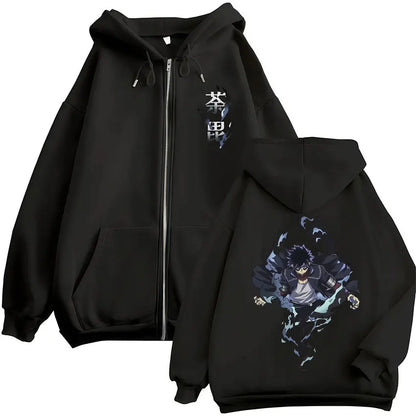 Black zip up hoodie featuring dynamic my hero academia zip anime print on back and stylized japanese characters front vintage sweatshirt men hoodies harajuku fashion