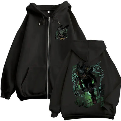 Black zip up hoodie with detailed dark armored character and glowing green lightning on back for hero academia zip fans