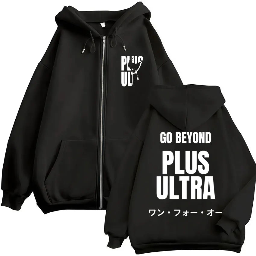 Black zip up hoodie with bold white plus ultra text and bird graphic featuring japanese characters for hero academia zip and hoodies harajuku fashion vintage sweatshirt men