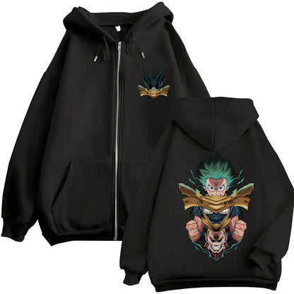 Black zip up hoodie with vibrant hero academia zip anime design and gold accents vintage sweatshirt men fleece