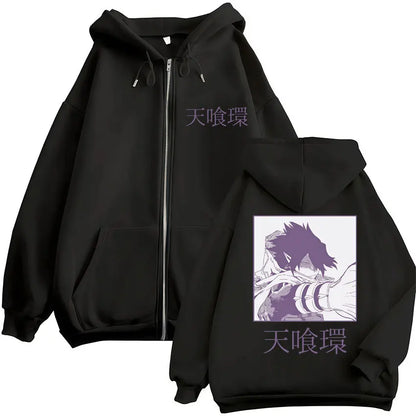 Black fleece zip-up hoodie with purple my hero academia zip anime graphic and matching japanese text for hoodies harajuku fashion vintage sweatshirt men
