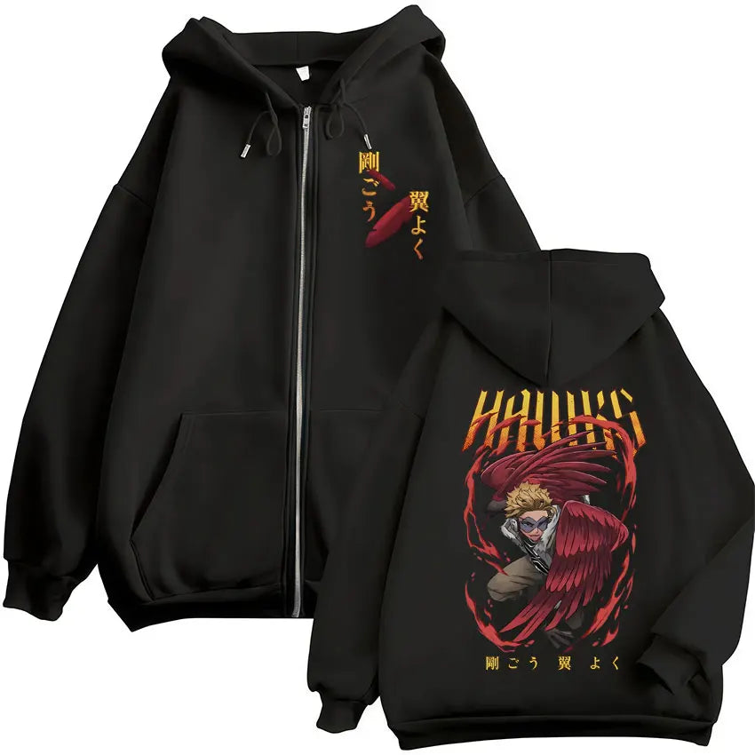 Black zip up hoodie with vibrant red and gold winged character and japanese text for hero academia zip and hoodies harajuku fashion