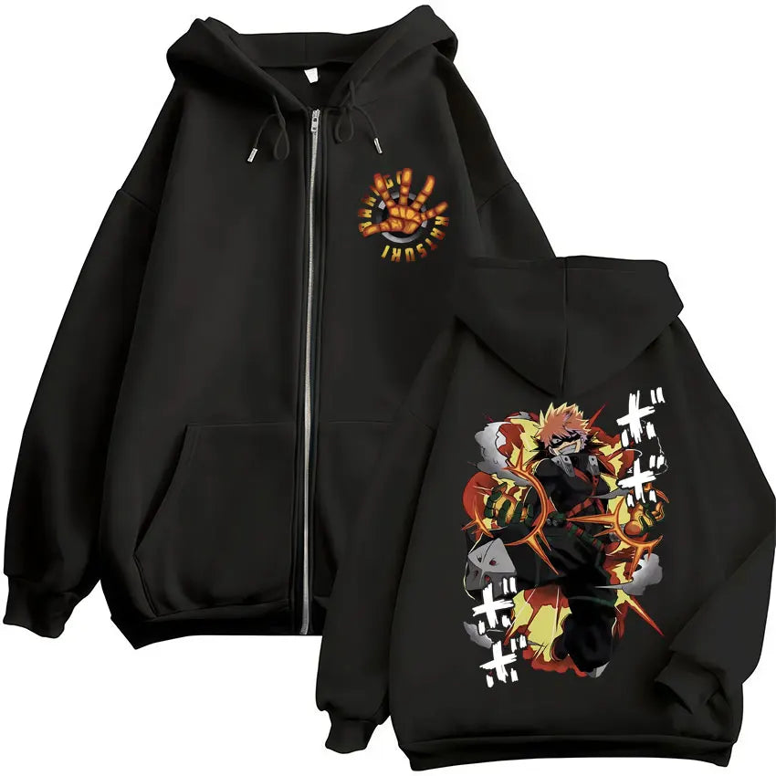 Black zip up hoodie featuring vibrant anime character print on back and orange flame logo chest vintage sweatshirt men hero academia zip