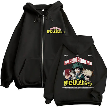 Black zip up hoodie featuring my hero academia characters in vibrant colors perfect for hoodies harajuku fashion and vintage sweatshirt men