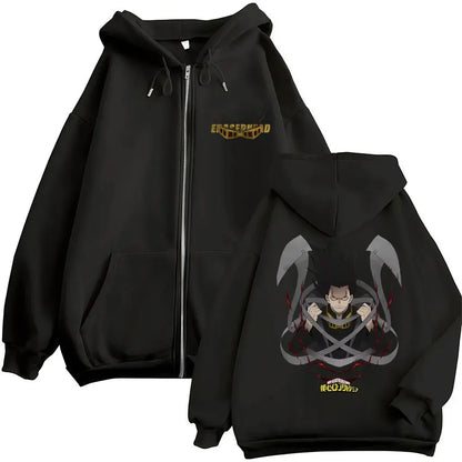 Black fleece hero academia zip hoodie with izuku midoriya graphic and gold eras erhead lettering on back vintage sweatshirt men
