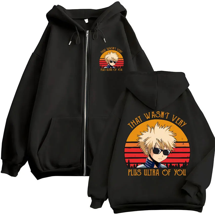Black hero academia zip hoodie with vintage bakugo sunset graphic and plus ultra text in hoodies harajuku fashion