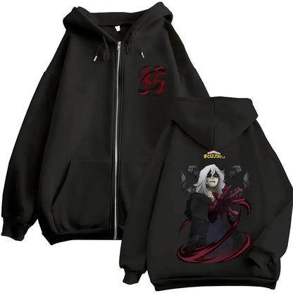Black fleece hero academia zip hoodie with red anime design vintage sweatshirt men hoodies harajuku fashion