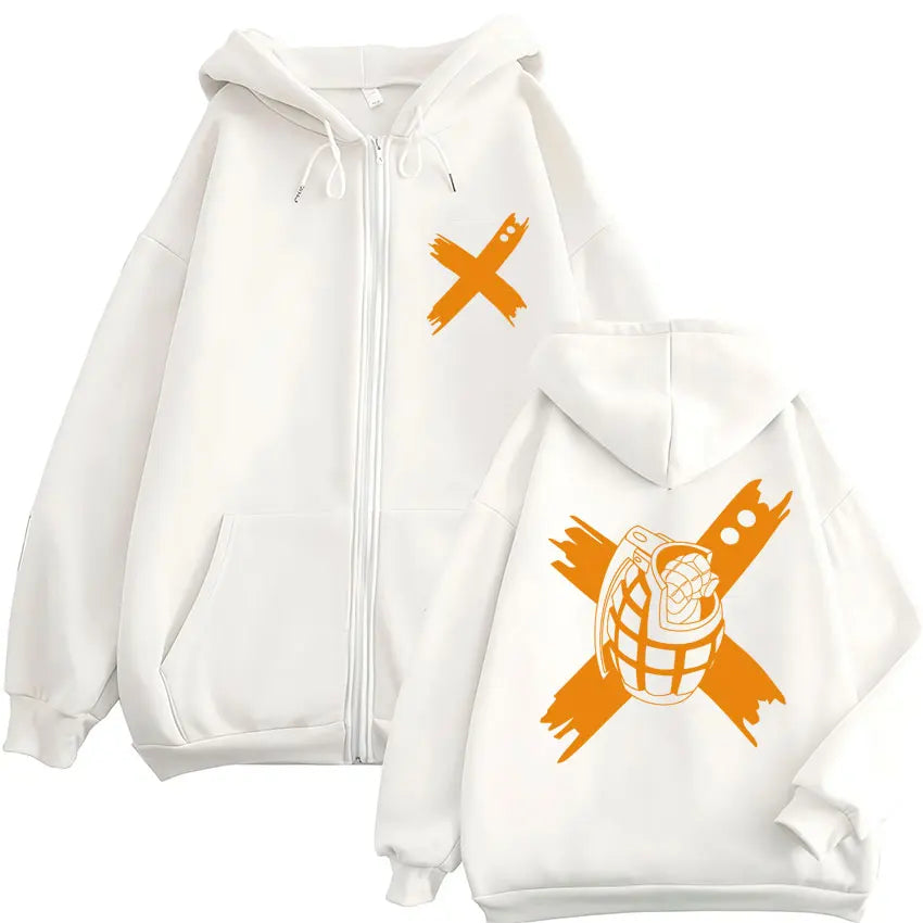White fleece hero academia zip hoodie back with bold orange grenade graphic for hoodies harajuku fashion vintage sweatshirt men