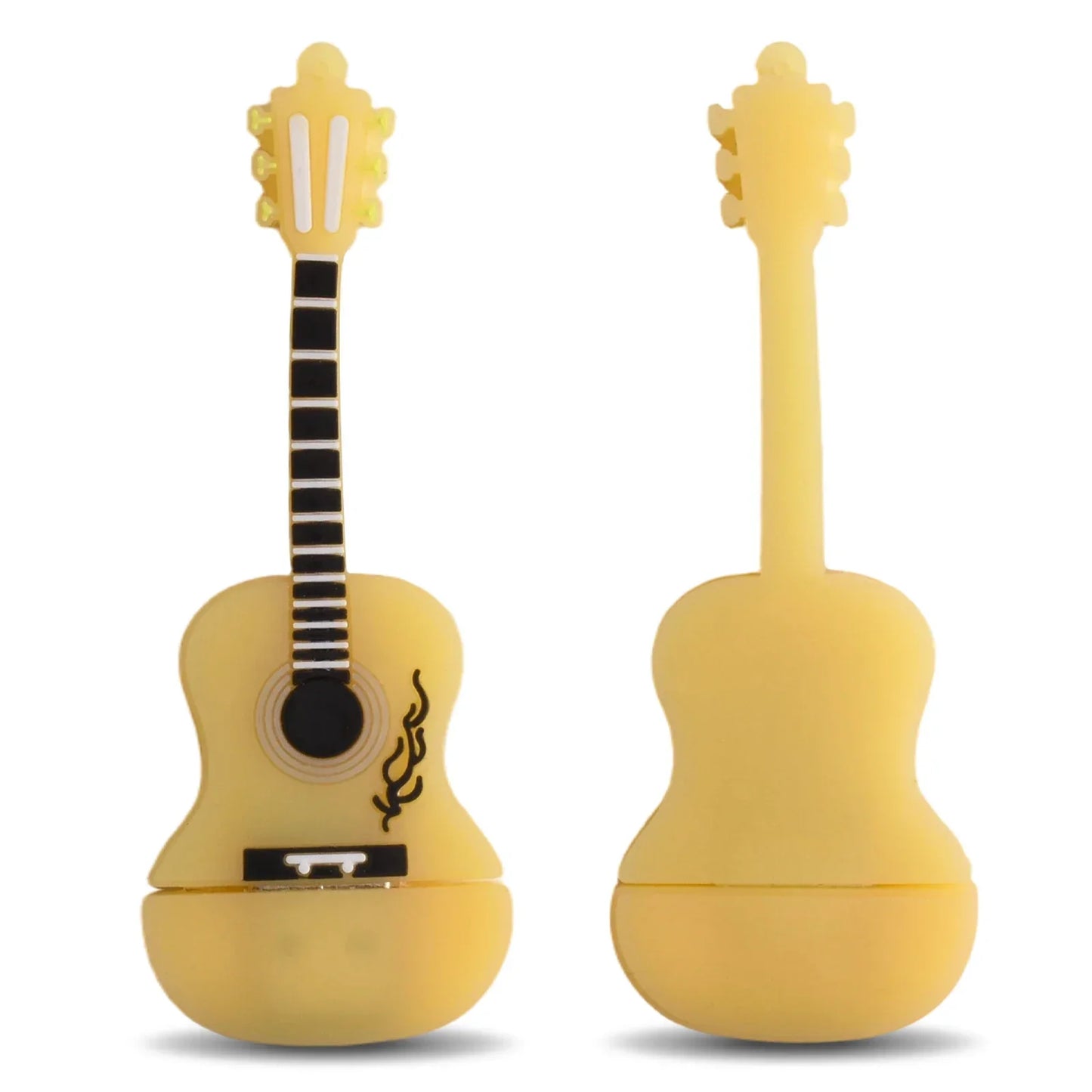 Yellow guitar-shaped usb flash drive with black fretboard and flame design from jaster styles musical instruments model pendrive series 64gb 128gb usb