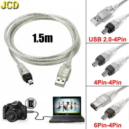 Jcd 1.5 meter silver braided usb 2.0 cable with clear connectors for 4pin ieee 1394 camera video capture and high-speed data transmission