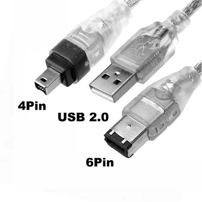 Clear plastic-coated jcd usb 2.0 firewire cable with metallic connectors for high-speed data transmission and camera video capture