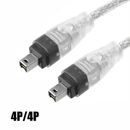 Clear plastic 4pin ieee 1394 connection wire with black silver connectors for high-speed data transmission and camera video capture