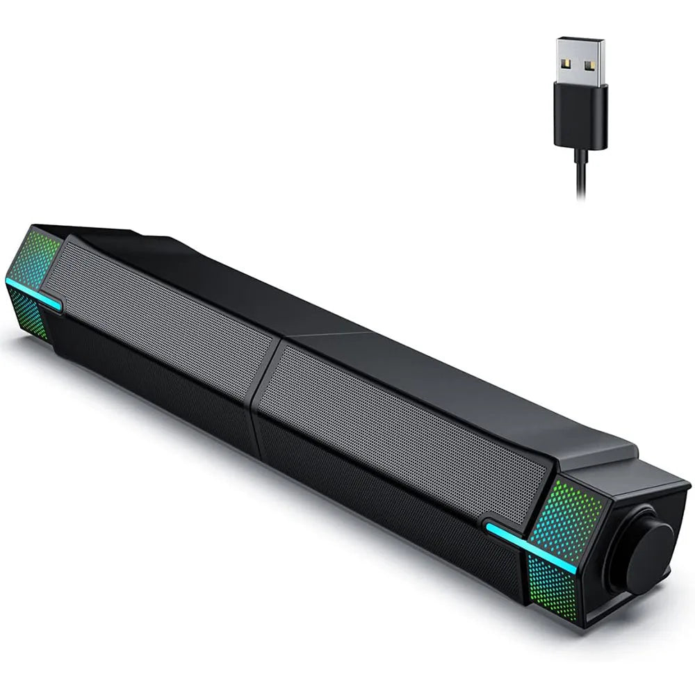 Jeecoo m20 black rectangular Bluetooth computer speaker with textured gray mesh and glowing teal led lights