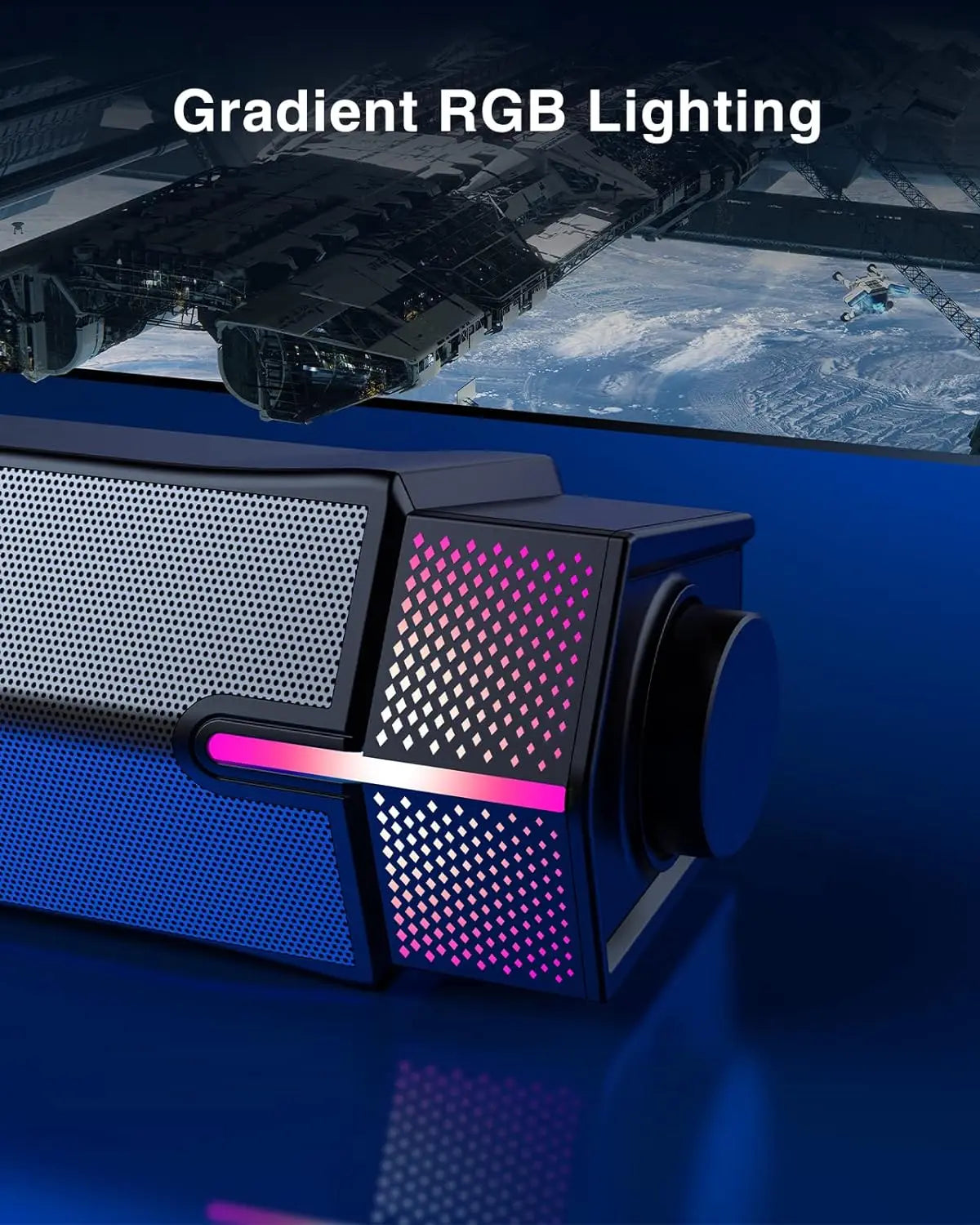 Jeecoo M20 Bluetooth computer speakers with black and blue gradient RGB lighting and perforated mesh panels