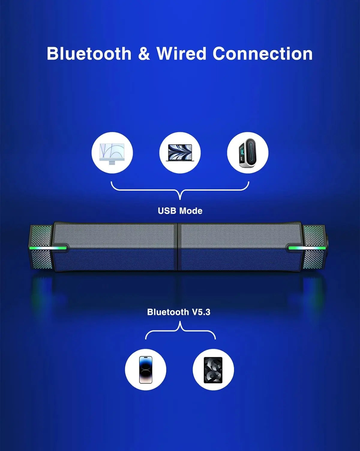 Black and gray rectangular jeecoo m20 bluetooth wired usb-powered soundbar with green led lighting for pc desktop monitor