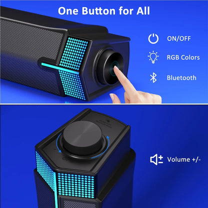 Black jeecoo m20 bluetooth soundbar with central circular button and blue led lights for pc desktop use