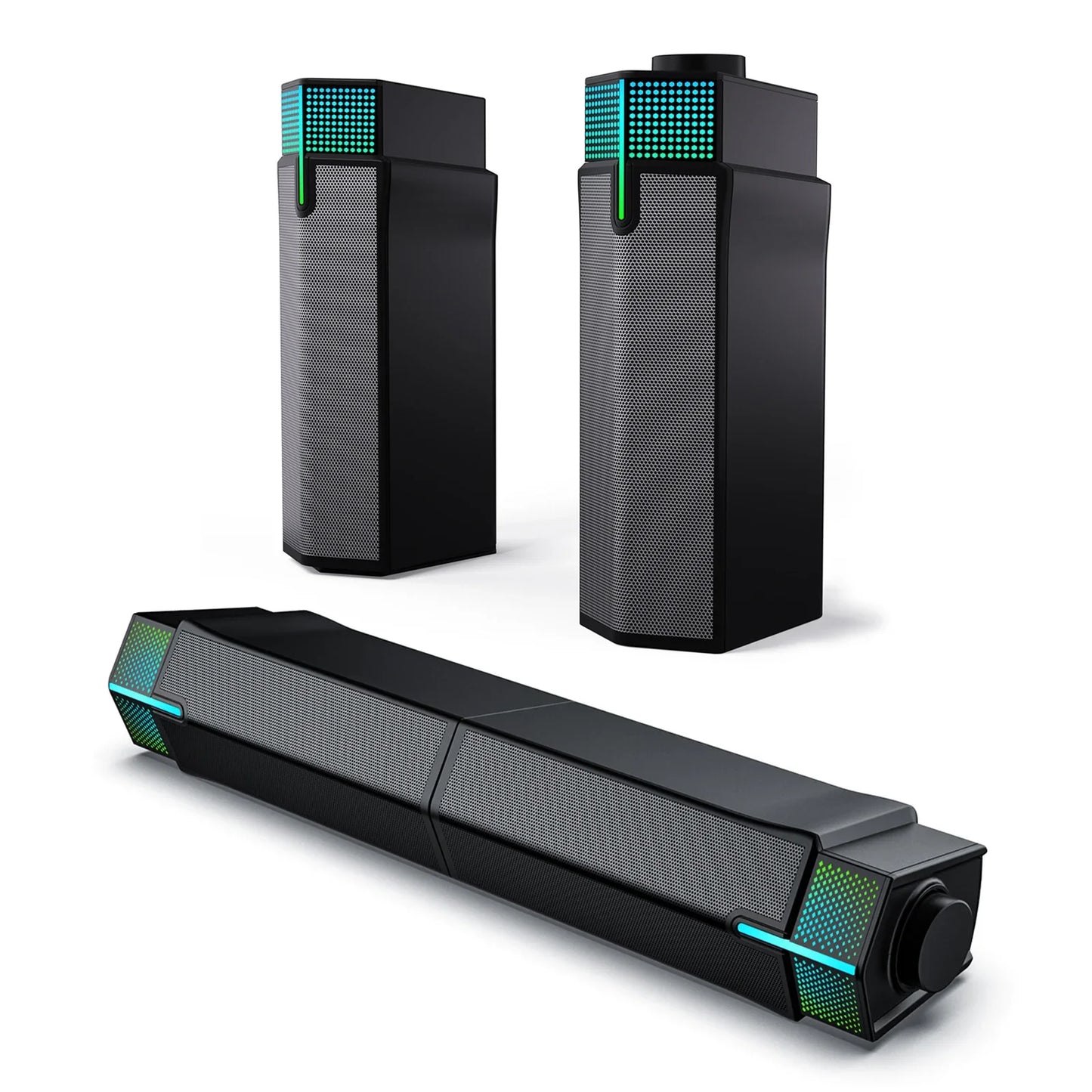 Jeecoo M20 black wired USB-powered Bluetooth computer speakers with soundbar and teal LED tower lighting accents