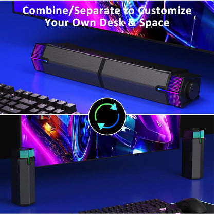 Black jeecoo m20 bluetooth computer speakers with purple led soundbar and matching tower speakers for customizable desk setup