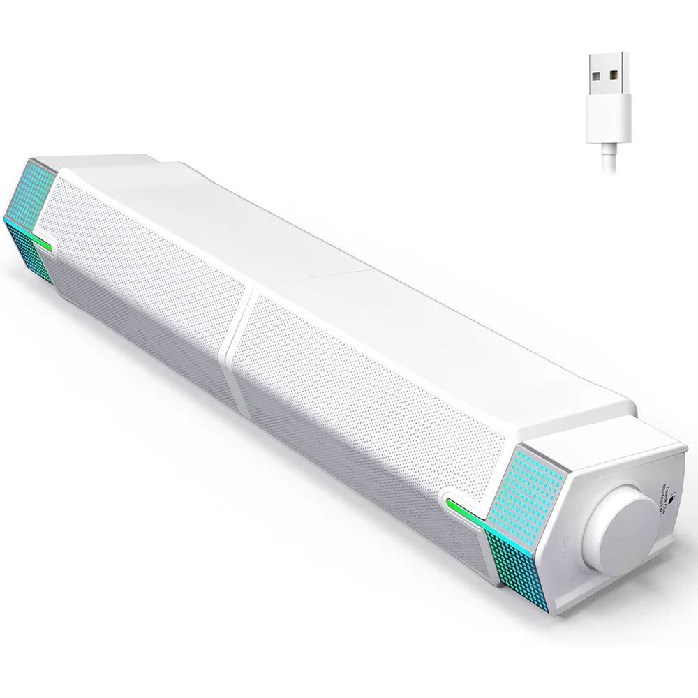 Jeecoo M20 white rectangular Bluetooth computer speaker with teal accent panels and volume knob for PC desktop use