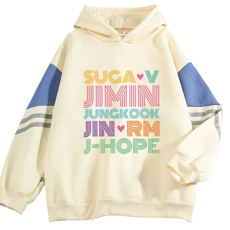 Cream-colored fashion kpop hoodie with colorful striped typography and blue gray sleeve accents featuring jimin jung kook names