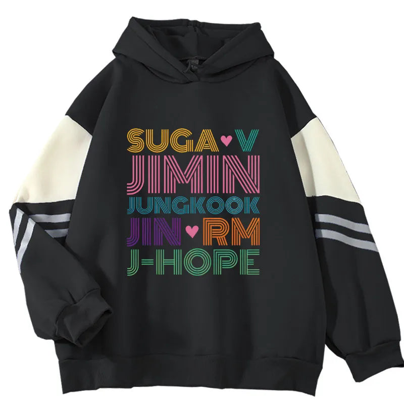 Black hoodie featuring colorful rainbow striped jimin jung kook typography with cream sleeve contrast fashion kpop hoodie