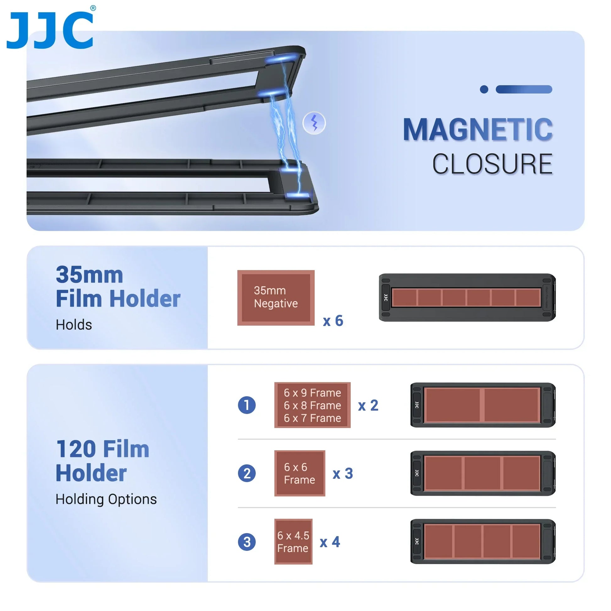 Black jjc magnetic film holders for securely storing 35mm and 120mm film negatives with upgraded film digitizing adapter