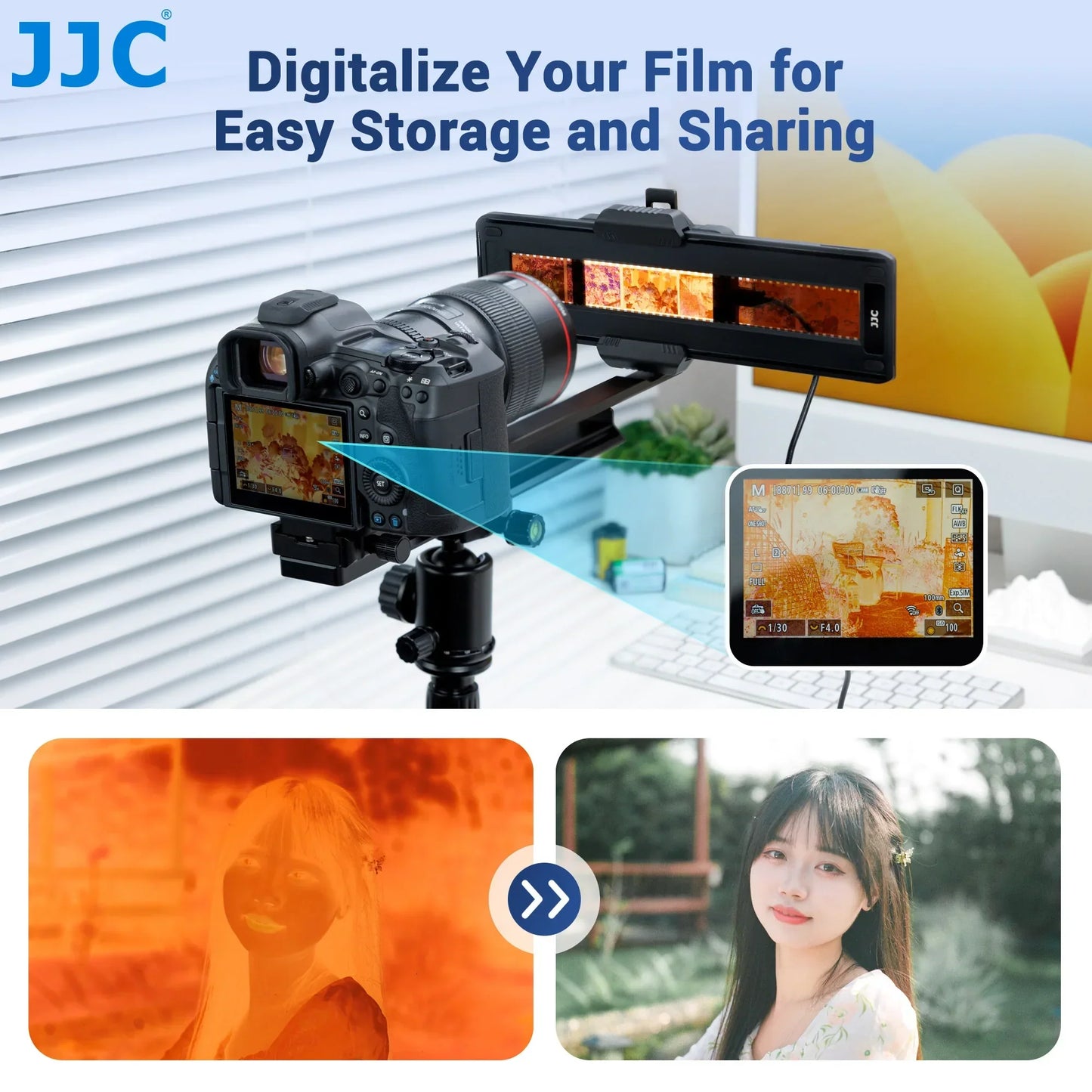 Black JJC upgraded film digitizing adapter for 35mm and 120mm film negatives with adjustable brightness slider
