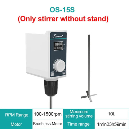 White and black joanlab mixer lab electric stirrer digital display showing 1800 rpm overhead stirrer adjustable height