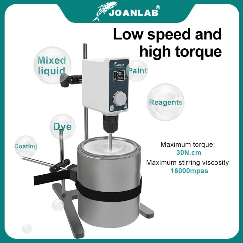 Joanlab mixer lab electric stirrer digital with white control unit and silver metallic container overhead stirrer adjustable height