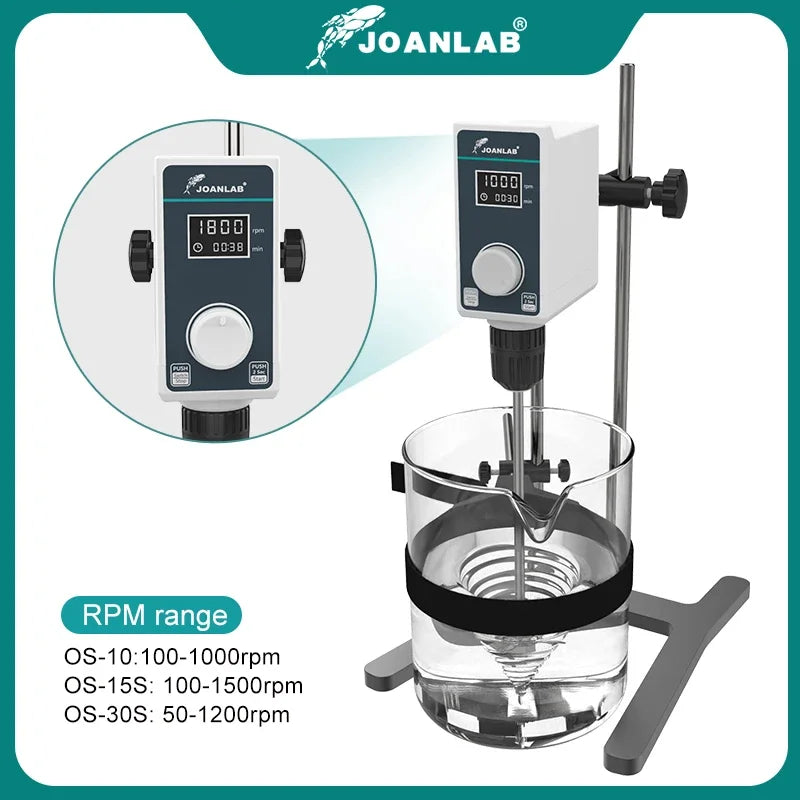 Joanlab mixer lab electric stirrer digital with white black control panel silver base and glass beaker overhead stirrer adjustable height