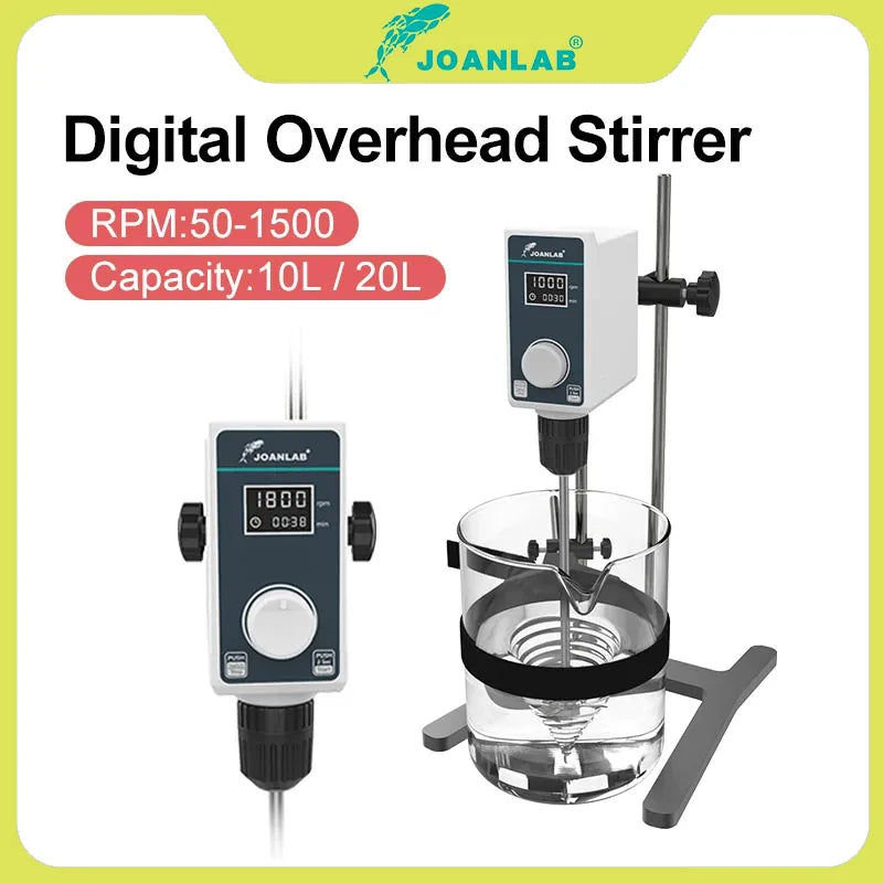 Joanlab mixer lab electric stirrer digital with black white control units silver rod and clear glass beaker overhead stirrer adjustable