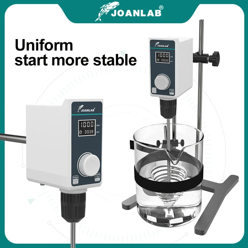 White joanlab mixer lab electric stirrer digital with black control knob shown standalone and mounted on stand in glass beaker