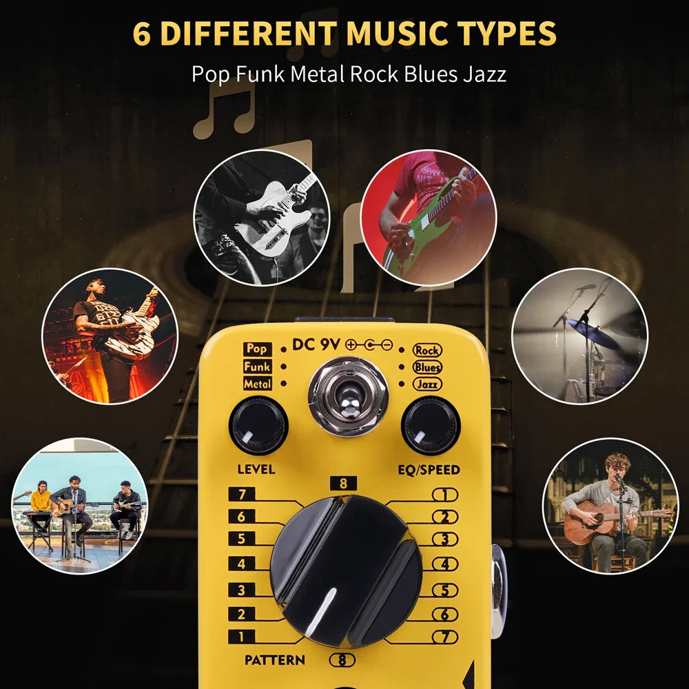 Bright yellow JOYO AITONE series AT-06 drum machine guitar pedal with six music styles and real-time fill function
