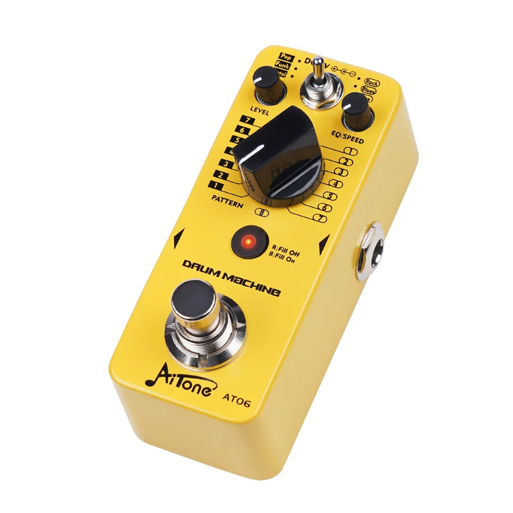 Yellow joyo aitone series at06 drum machine guitar pedal with black knobs silver footswitches and 48 drum grooves