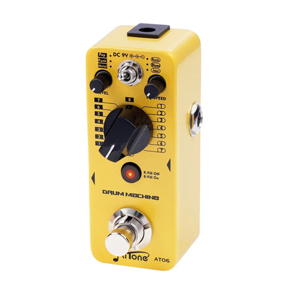 Yellow JOYO aitone series AT-06 drum machine guitar pedal with black knobs silver metal accents and 48 drum grooves