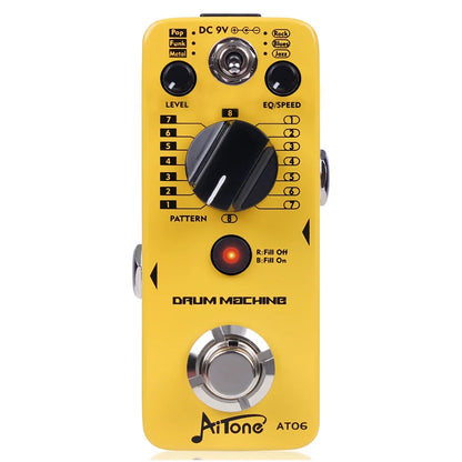 Bright yellow JOYO AITONE Series AT-06 drum machine pedal with black knobs and silver metal footswitch for guitar effects