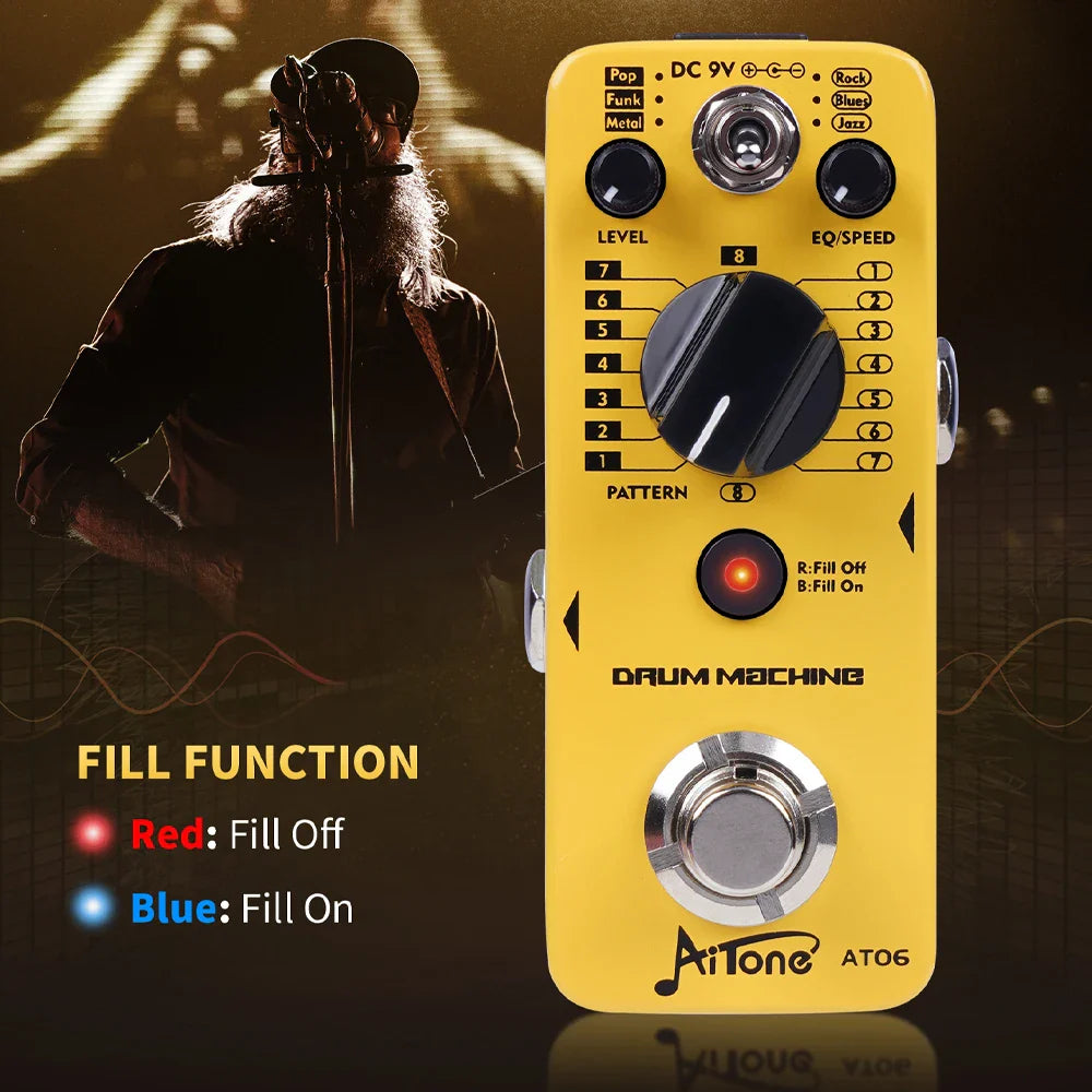 Yellow joyo aitone series at06 drum machine pedal with black knobs and silver metal footswitches for electric guitar effects