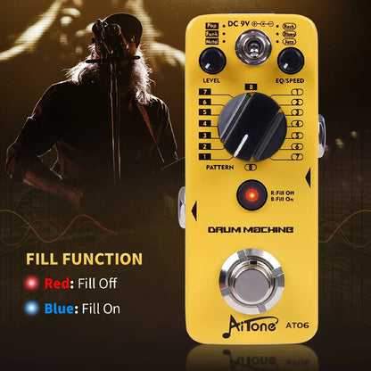 Yellow joyo aitone series at06 drum machine pedal with black knobs and silver metal footswitches for electric guitar effects