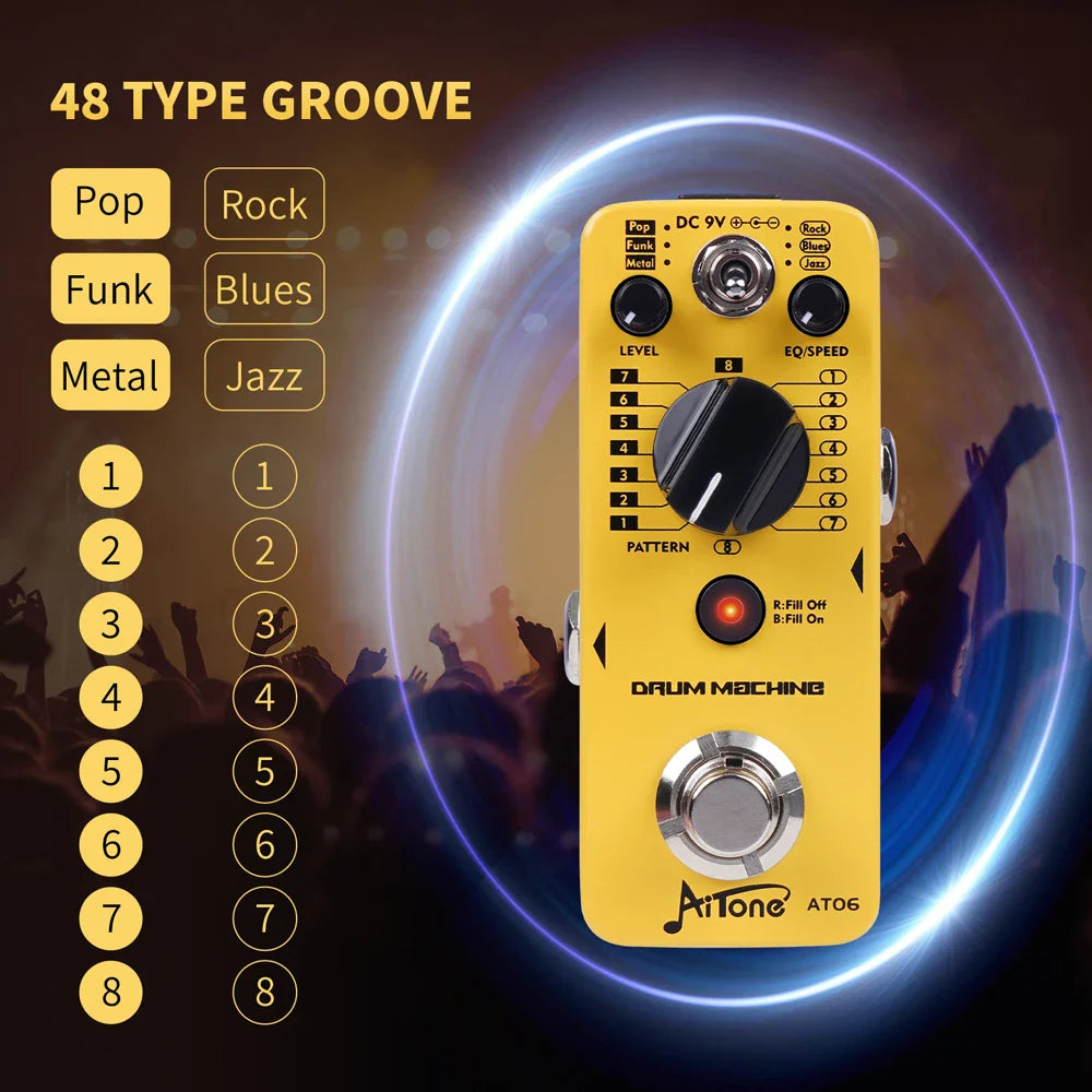 Yellow Joyo Aitone Series AT-06 drum machine pedal with black knobs and silver footswitch for electric guitar effects